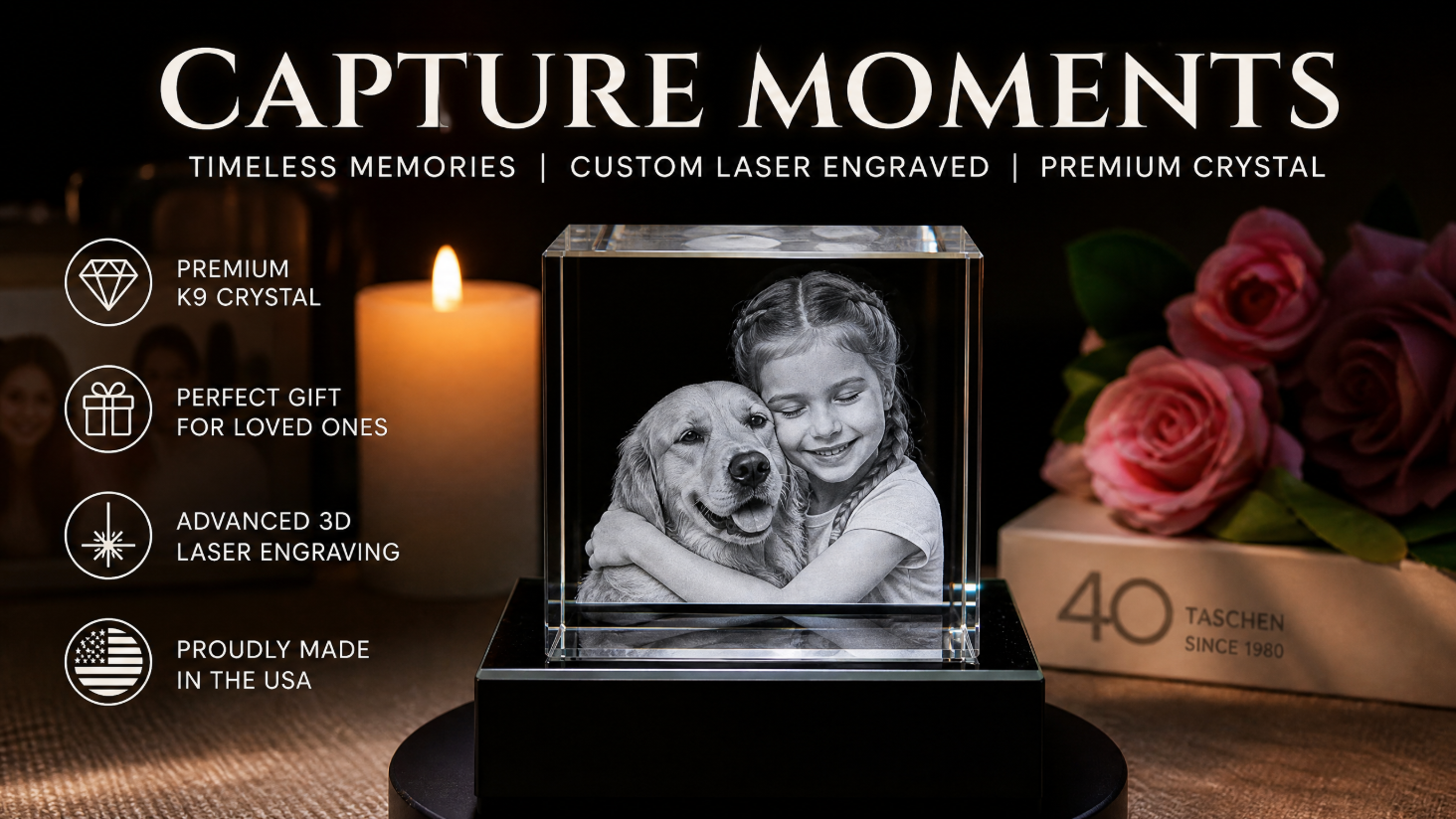 Perrangnic 3D Crystal Photo, Personalized Photo Gift for Women, Wife, Her, Him, Men, Mom, Great Customized Gift With Your Own Photo, for Anniversary, Wedding, Birthday, Custom Glass 3D Laser Etched Picture Frame - Square