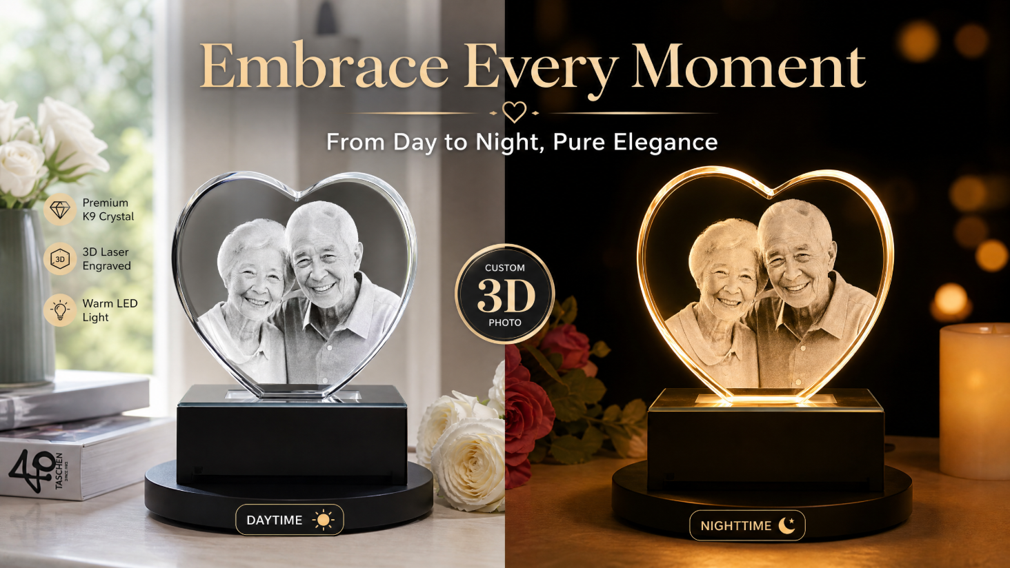 Perrangnic 3D Crystal Photo, Personalized Photo Gift for Women, Wife, Her, Him, Men, Mom, Great Customized Gift With Your Own Photo, for Anniversary, Wedding, Birthday, Custom Glass 3D Laser Etched Picture Frame - Heart