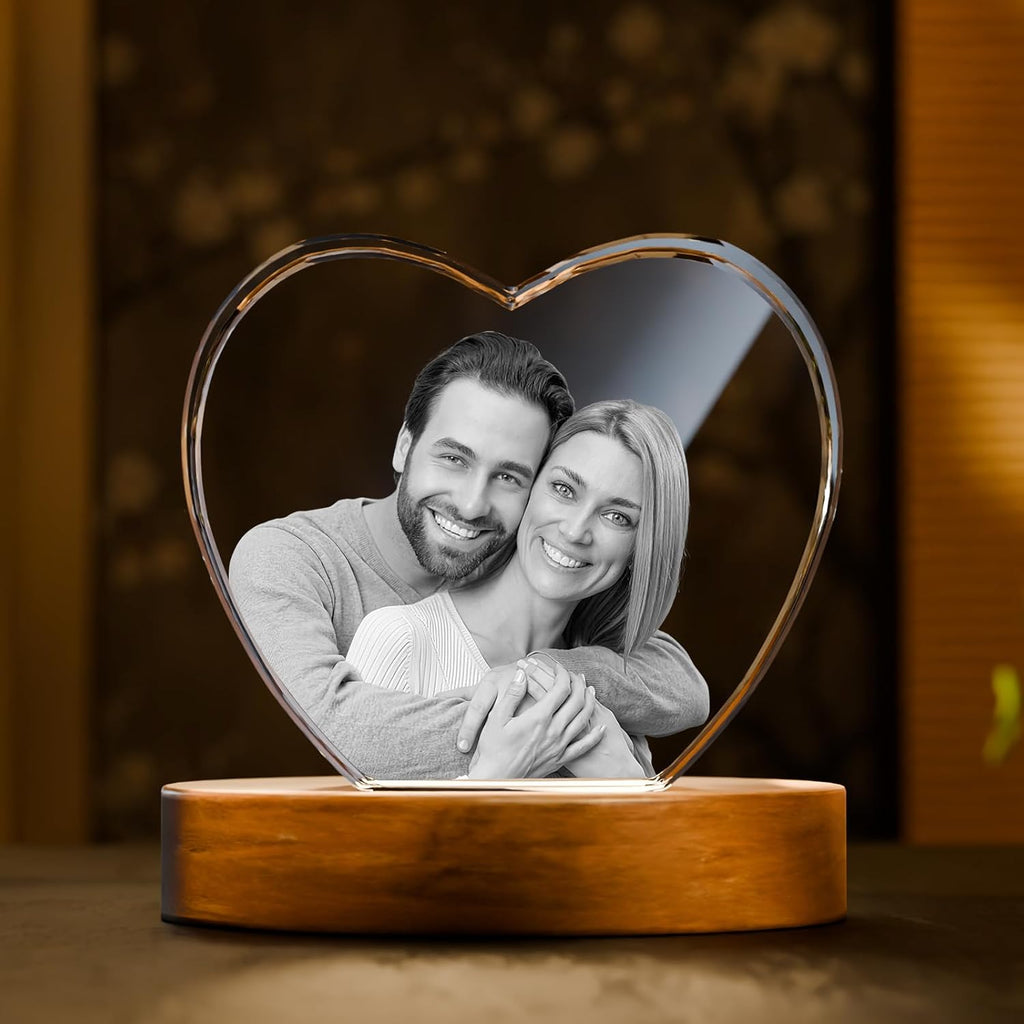 Perrangnic 3D Crystal Photo, Personalized Photo Gift for Women, Wife, Her, Him, Men, Mom, Great Customized Gift With Your Own Photo, for Anniversary, Wedding, Birthday, Custom Glass 3D Laser Etched Picture Frame - Heart