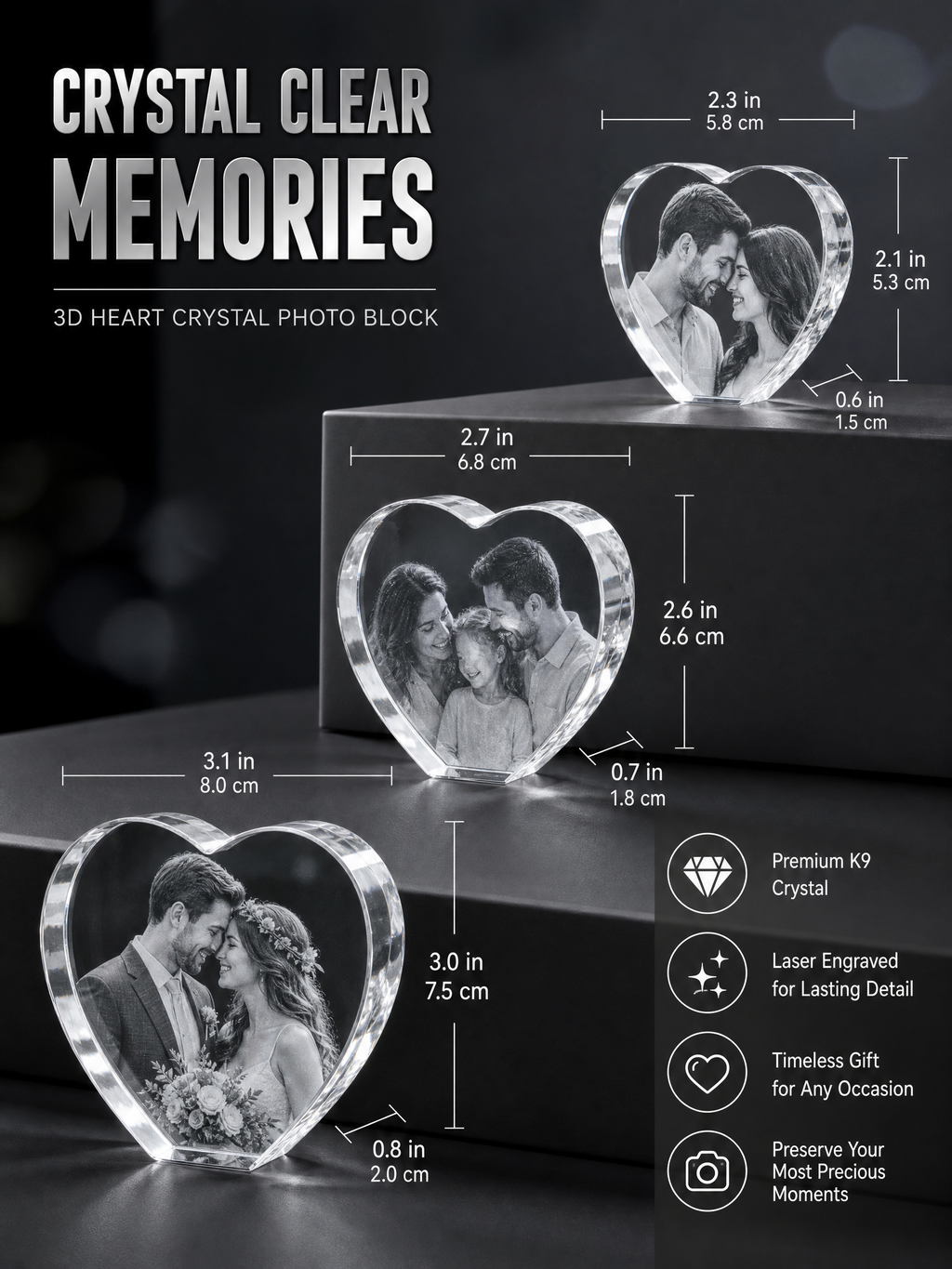 Perrangnic 3D Crystal Photo, Personalized Photo Gift for Women, Wife, Her, Him, Men, Mom, Great Customized Gift With Your Own Photo, for Anniversary, Wedding, Birthday, Custom Glass 3D Laser Etched Picture Frame - Heart