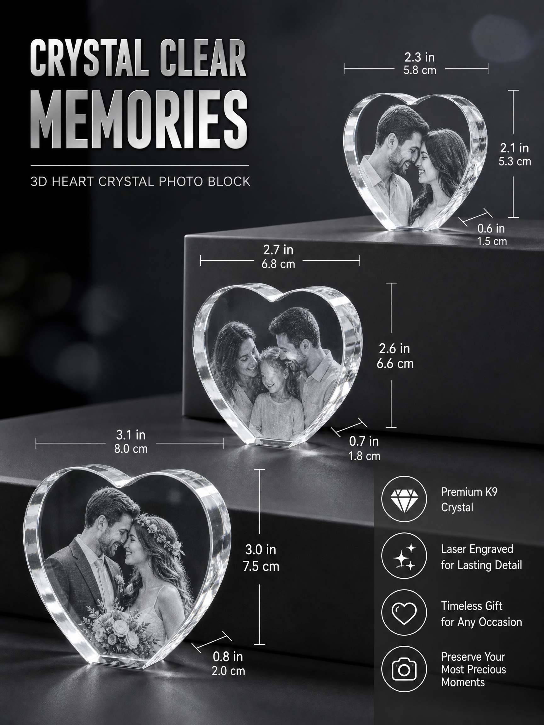 Perrangnic 3D Crystal Photo, Personalized Photo Gift for Women, Wife, Her, Him, Men, Mom, Great Customized Gift With Your Own Photo, for Anniversary, Wedding, Birthday, Custom Glass 3D Laser Etched Picture Frame - Heart