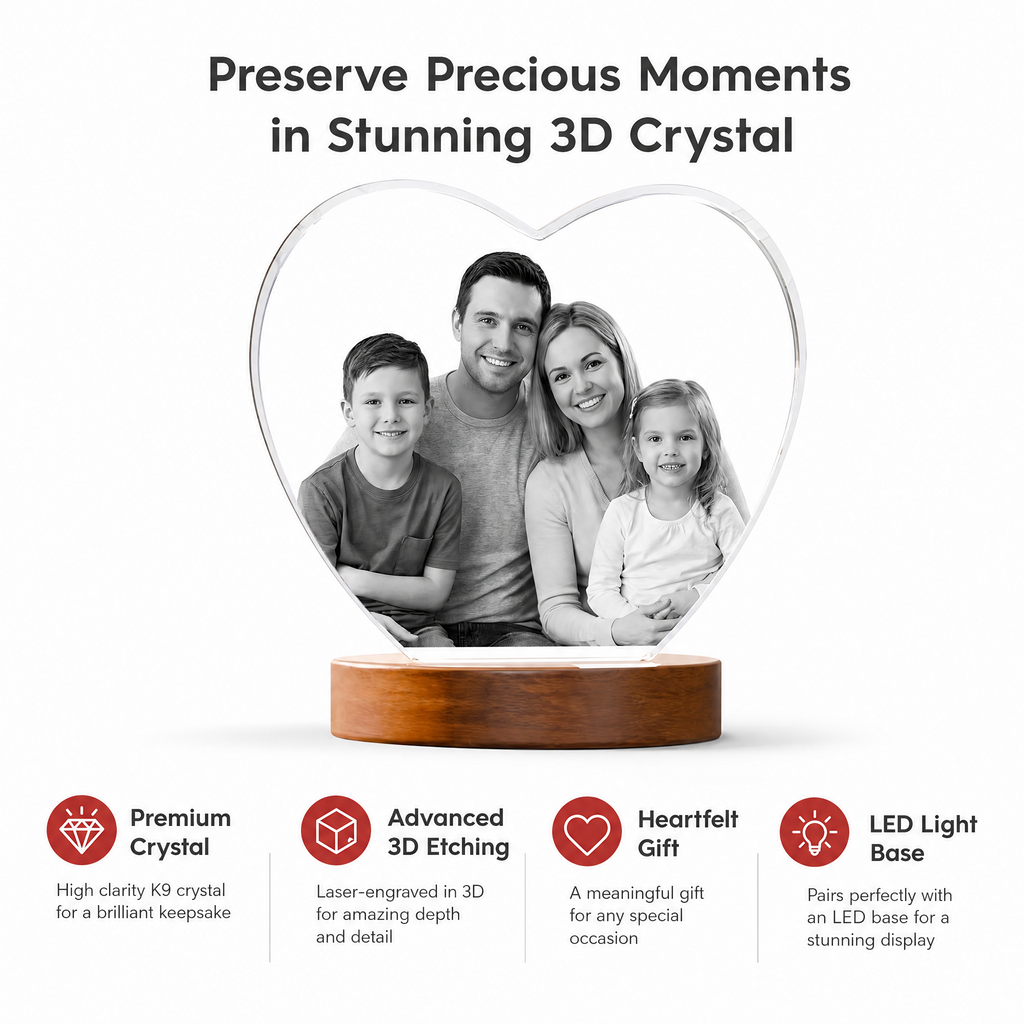 Perrangnic 3D Crystal Photo, Personalized Photo Gift for Women, Wife, Her, Him, Men, Mom, Great Customized Gift With Your Own Photo, for Anniversary, Wedding, Birthday, Custom Glass 3D Laser Etched Picture Frame - Heart