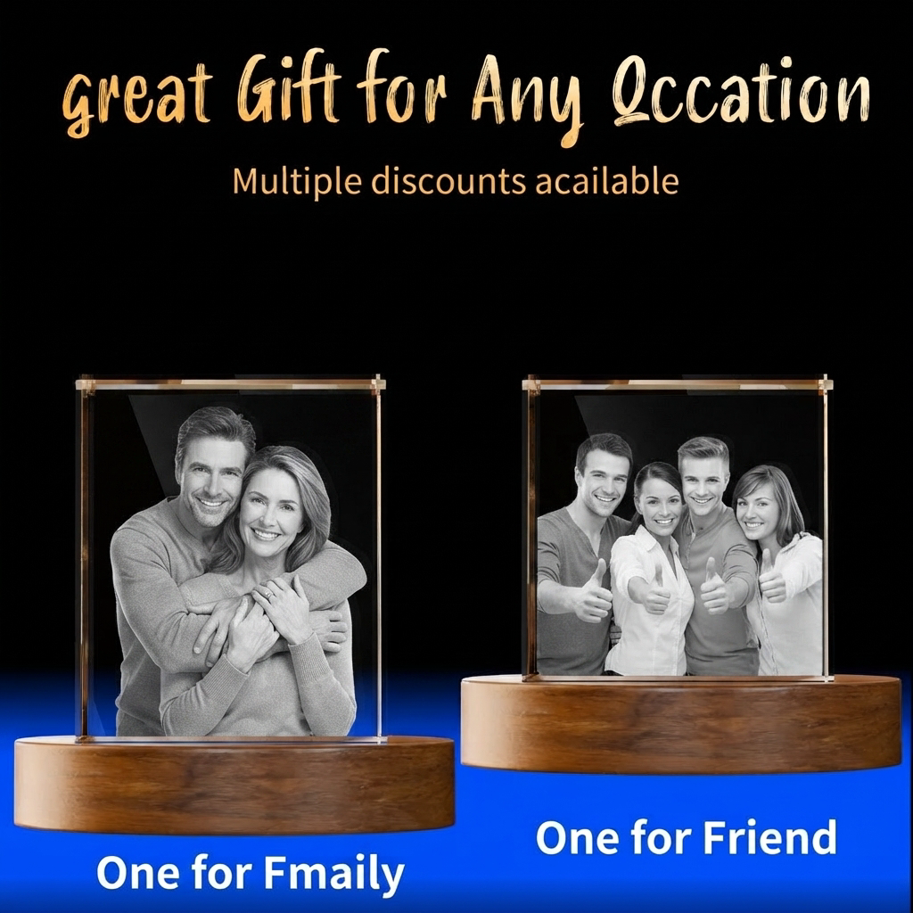 Perrangnic 3D Crystal Photo, Personalized Photo Gift for Women, Wife, Her, Him, Men, Mom, Great Customized Gift With Your Own Photo, for Anniversary, Wedding, Birthday, Custom Glass 3D Laser Etched Picture Frame - Square