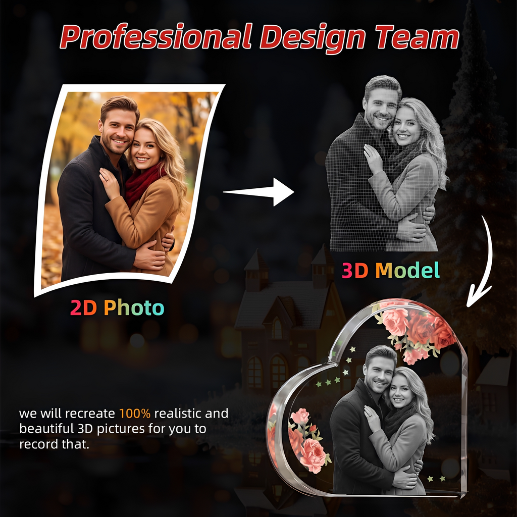 Perrangnic 3D Crystal Photo, Personalized Photo Gift for Women, Wife, Her, Him, Men, Mom, Great Customized Gift With Your Own Photo, for Anniversary, Wedding, Birthday, Custom Glass 3D Laser Etched Picture Frame - Red Rose Heart